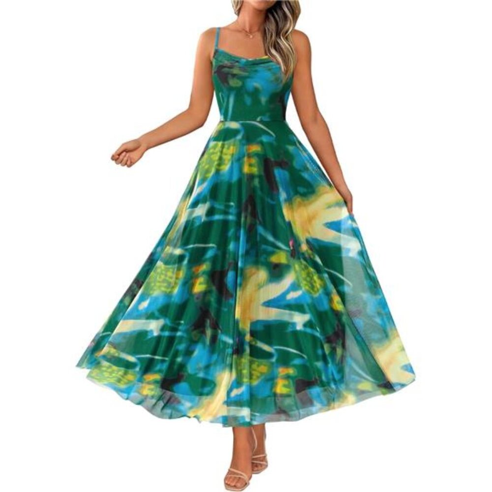 Women Summer Maxi Dresses Elegant Spaghetti Strap Green Yellow